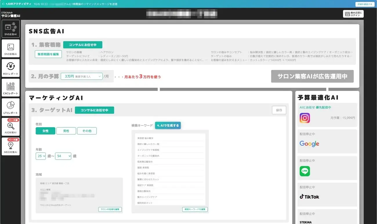 SNS広告AI:集客戦略と予算の設定画面